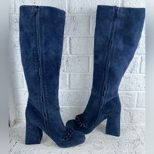 Tory Burch Navy Blue Suede Heeled Knee high Boots with chain/bead size 8.5